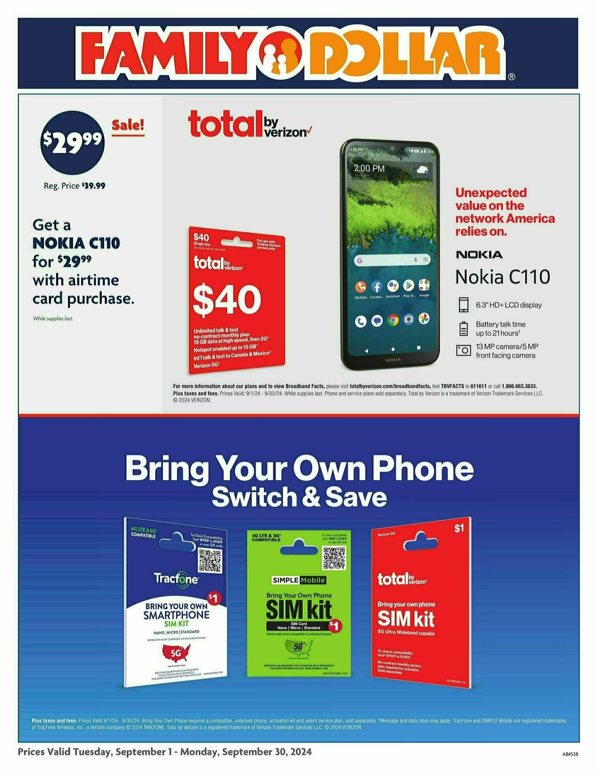 Family Dollar AT&T Tracfone Weekly Ad from September 1